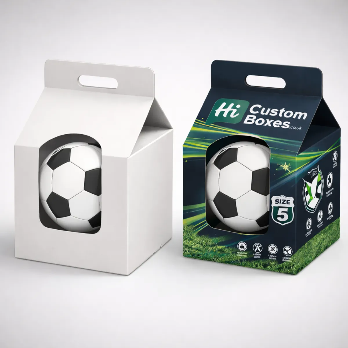 Two gable-top boxes with carry handles, one plain white and one featuring a green stadium design. class=